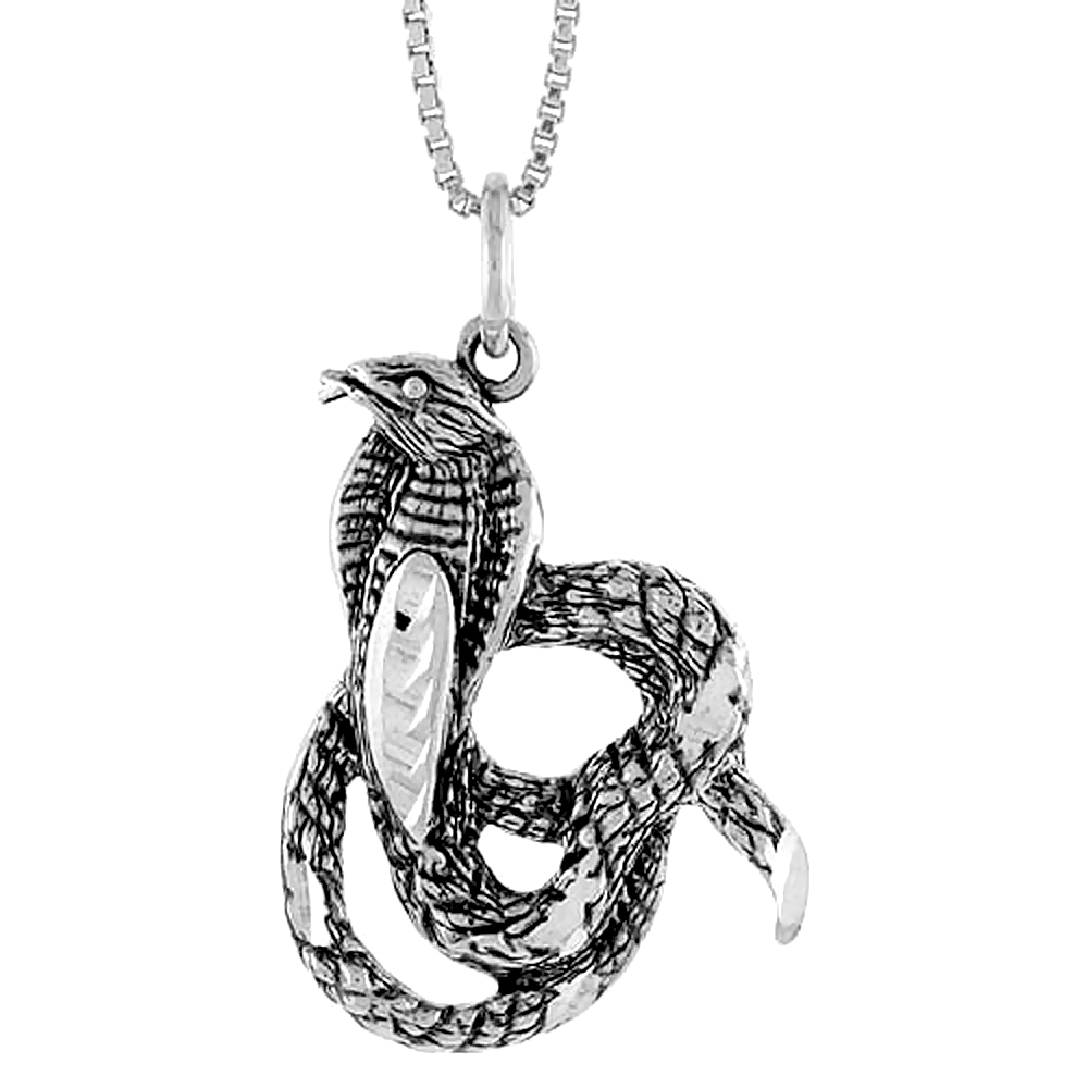 STERLING SILVER COBRA SNAKE PENDANT, 1 1/16 INCH TALL