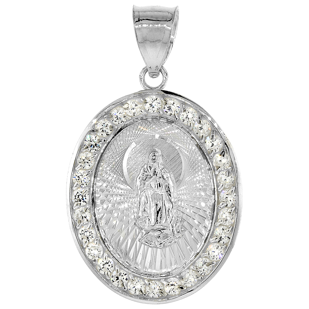 STERLING SILVER MIRACULOUS MEDAL NECKLACE OVAL VIRGIN MARY CUBIC ZIRCONIA HALO, 1 1/16 INCH