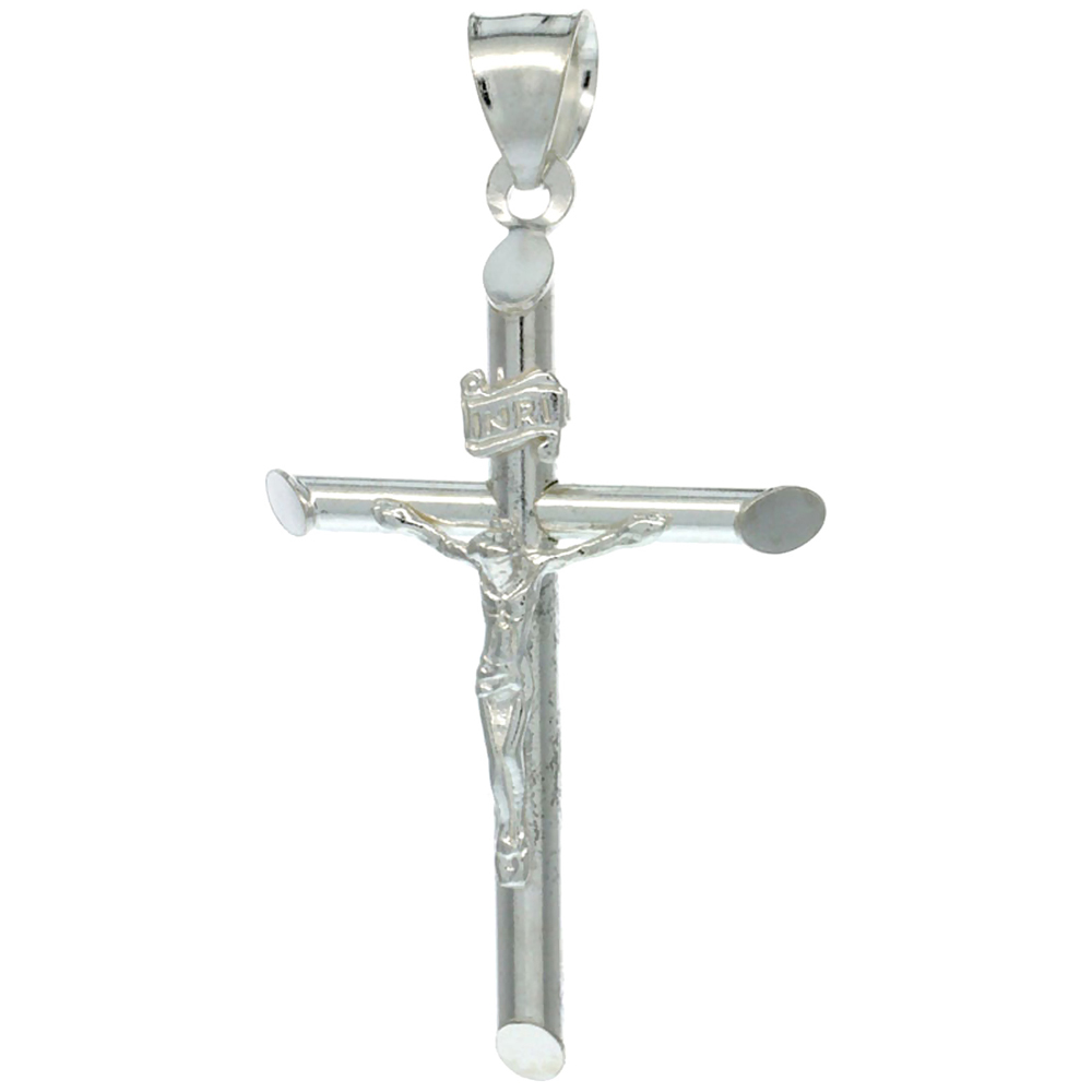STERLING SILVER CRUCIFIX PENDANT W/ TUBULAR CROSS, 1 5/8 INCH TALL