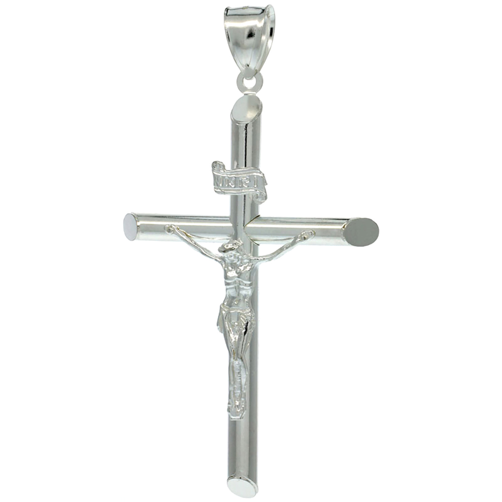 STERLING SILVER CRUCIFIX PENDANT W/ LARGE TUBULAR CROSS, 2 1/2 INCH TALL