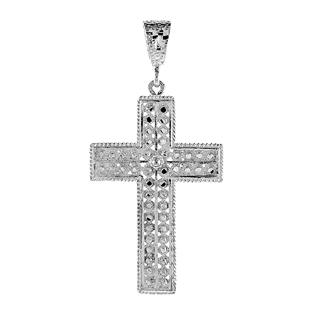 2 1/16 INCH STERLING SILVER CROSS PENDANT FILIGREE LATIN