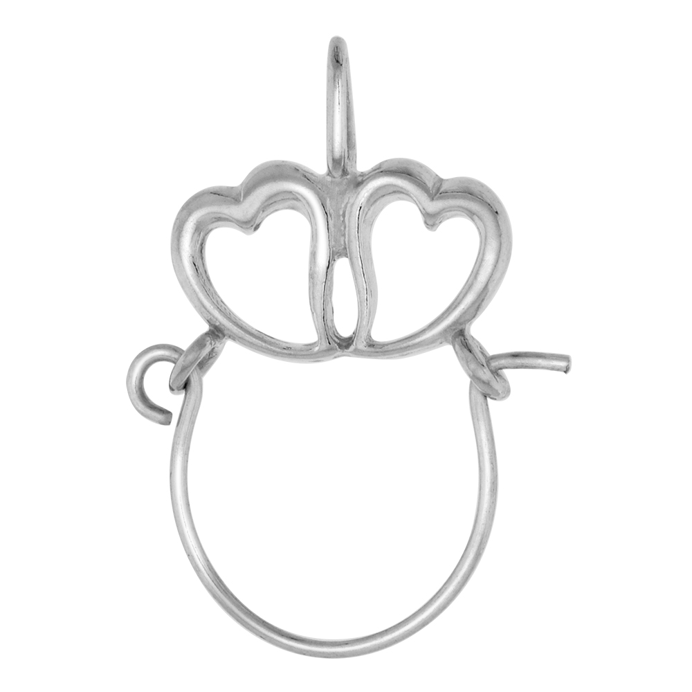 STERLING SILVER 2 HEART CHARM HOLDER PENDANT FOR NECKLACE WOMEN 7/8 INCH