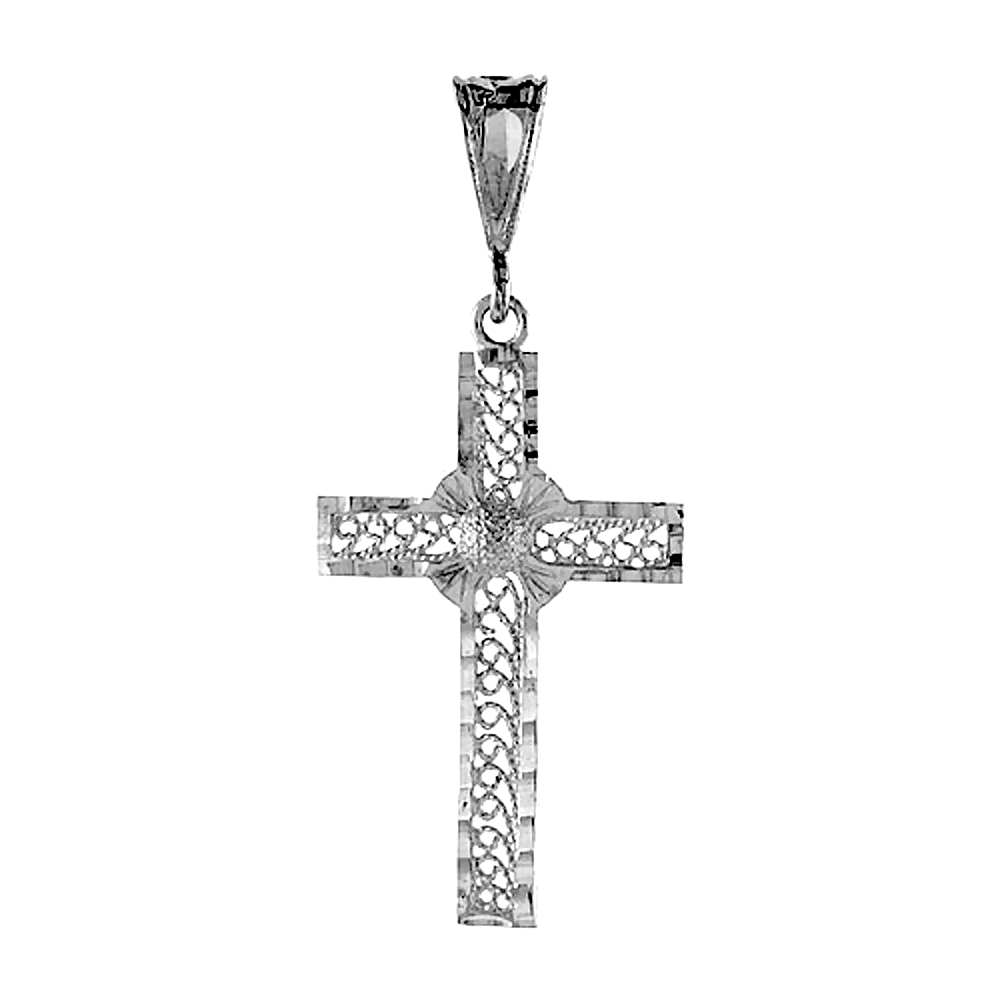 1 3/8 INCH STERLING SILVER FILIGREE CROSS PENDANT ROSE FILIGREE