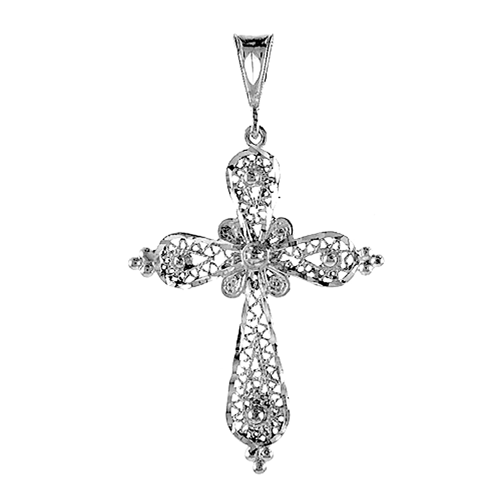 1 3/4 inch Sterling Silver Filigree Cross Pendant Filigree Rose