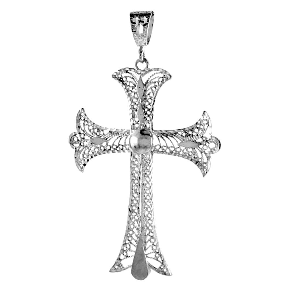 2 3/4 inch Sterling Silver Large Filigree Fleur-de-lis Cross Pendant