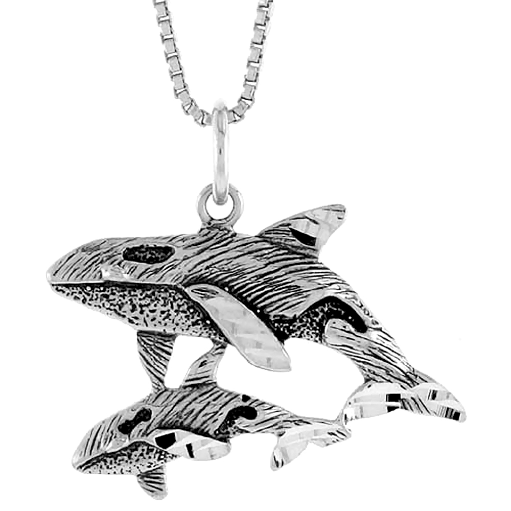 STERLING SILVER CALF AND MOM WHALE PENDANT 3/4 INCH TALL