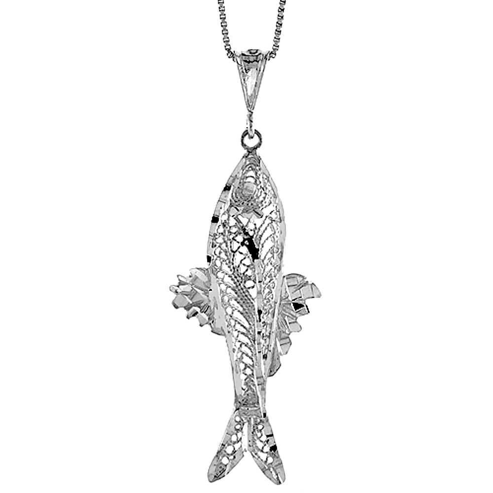 STERLING SILVER LARGE FILIGREE FISH PENDANT, 2 INCH TALL