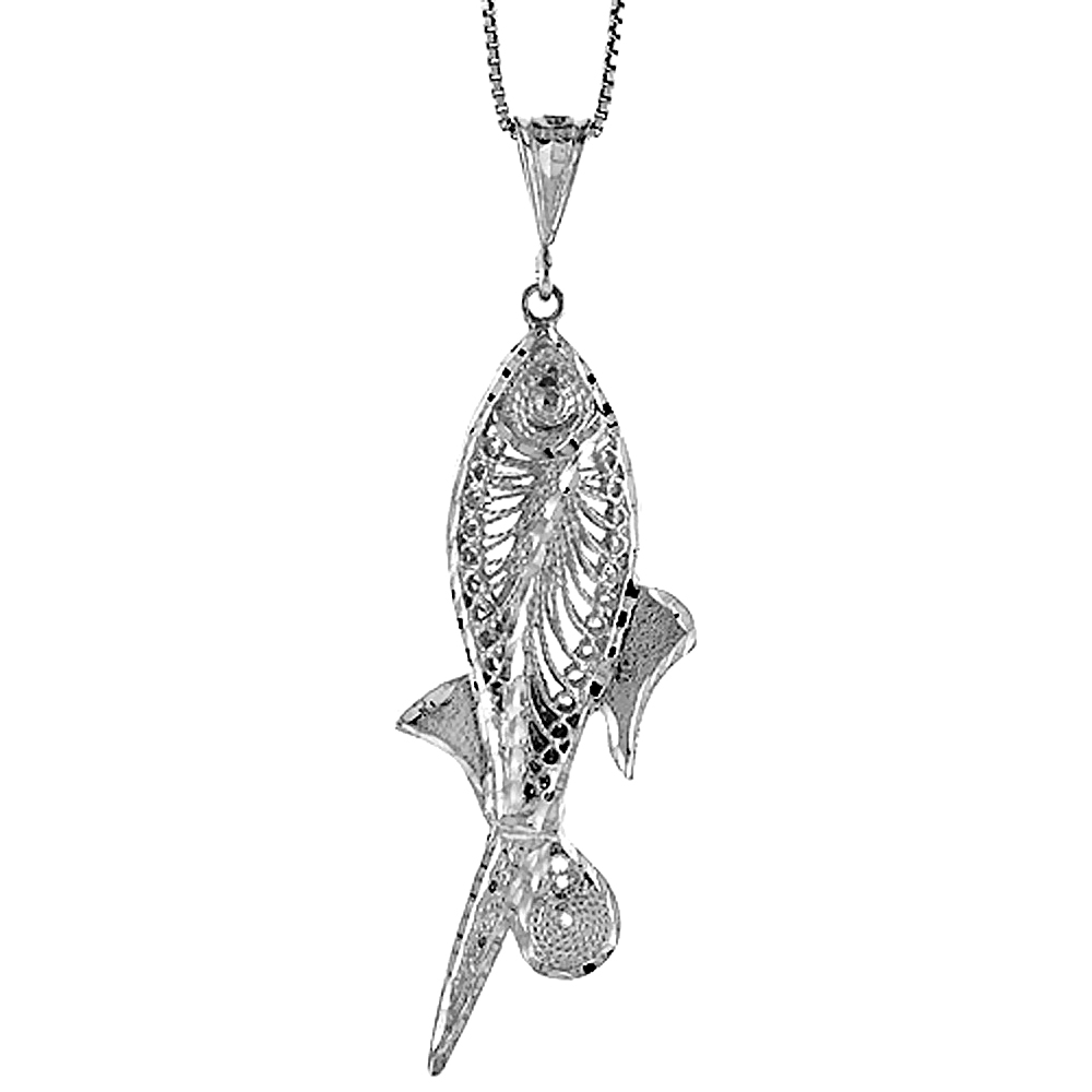 STERLING SILVER LARGE FILIGREE FISH PENDANT, 2 3/16 INCH TALL