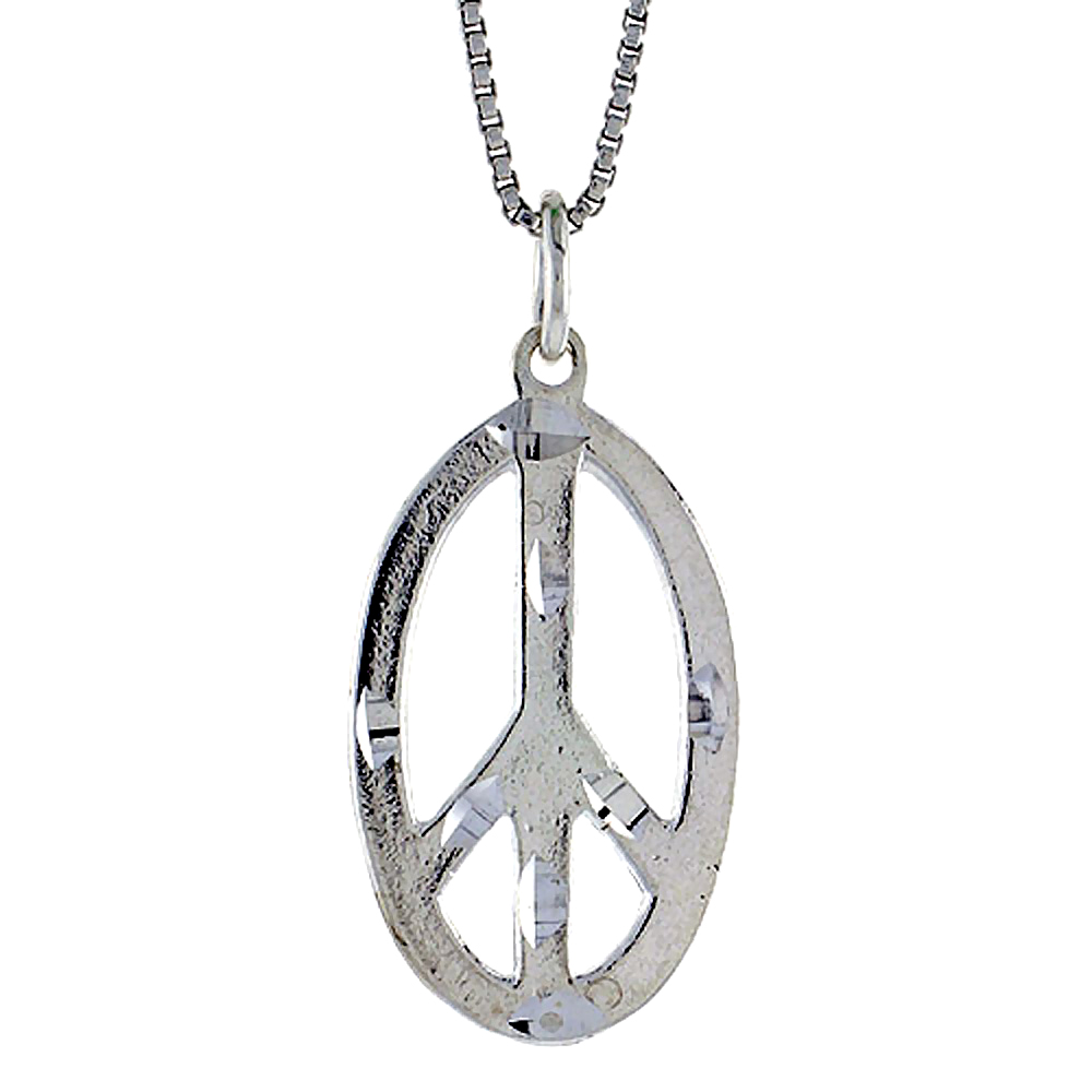 STERLING SILVER OVAL PEACE SIGN PENDANT, 7/8 INCH TALL