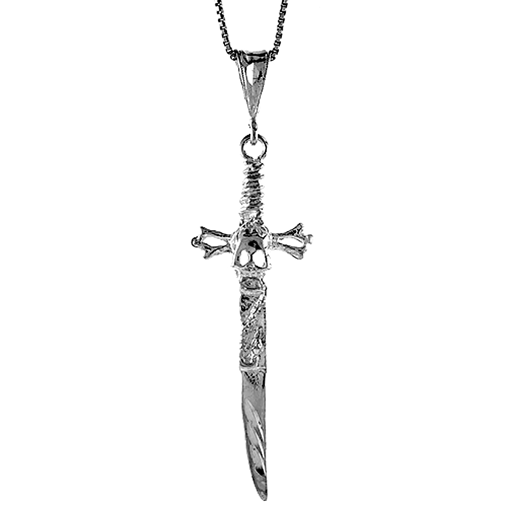 STERLING SILVER SWORD AND SKULL PENDANT, 2 INCH TALL