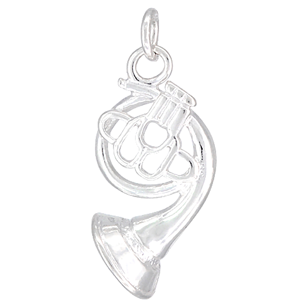 STERLING SILVER FRENCH HORN PENDANT, 7/8 INCH TALL