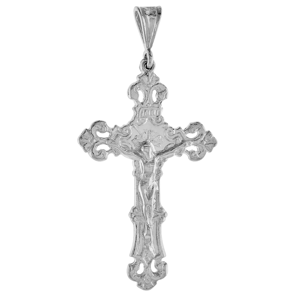 LARGE BUDDED STERLING SILVER CRUCIFIX PENDANT INRI MEN 2 INCH