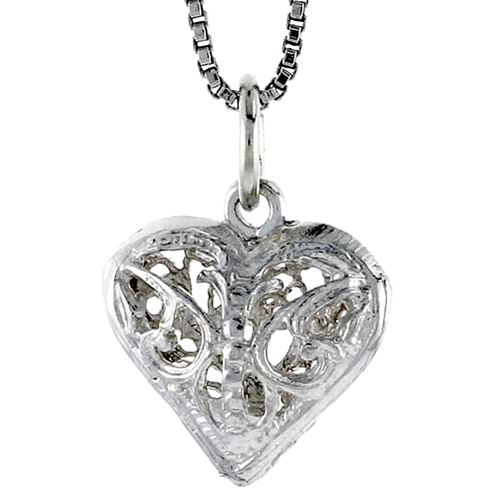 STERLING SILVER SMALL FILIGREE HEART PENDANT, 1/2 INCH TALL