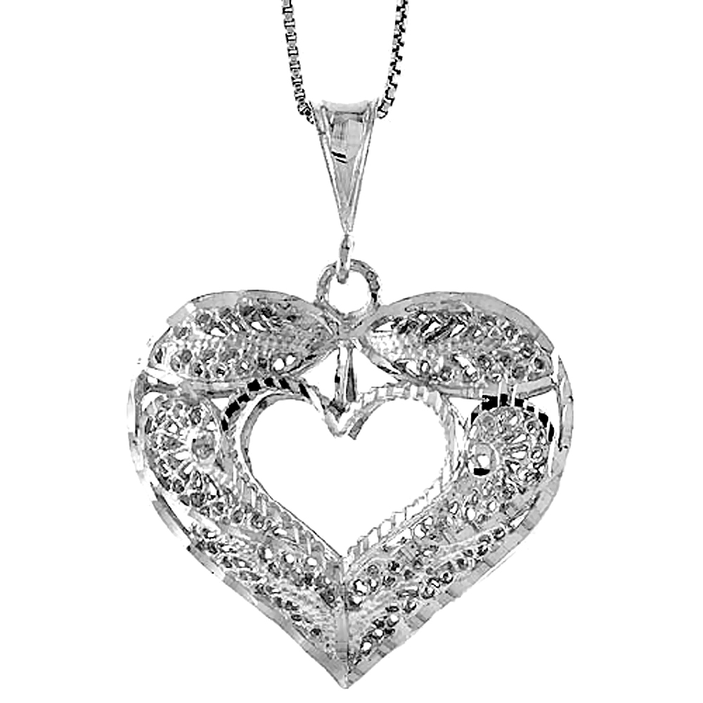 STERLING SILVER LARGE FILIGREE CUT-OUT HEART PENDANT, 1 3/8 INCH TALL