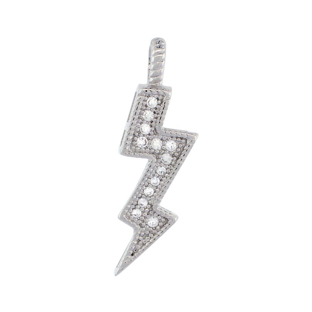 STERLING SILVER CUBIC ZIRCONIA LIGHTNING BOLT PENDANT MICRO PAVE 7/8 INCH