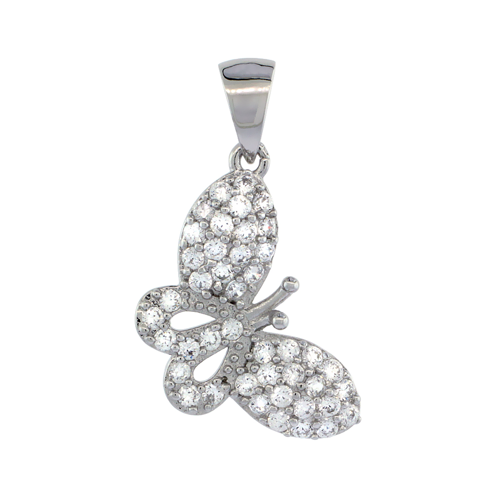 STERLING SILVER CUBIC ZIRCONIA BUTTERFLY PENDANT MICRO PAVE 3/4 INCH