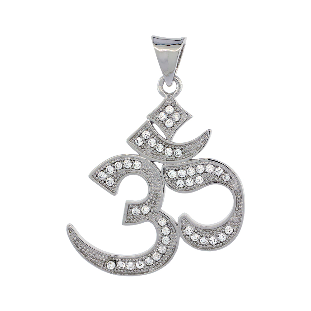 STERLING SILVER CUBIC ZIRCONIA OM OMKAR PENDANT MICRO PAVE 1 INCH