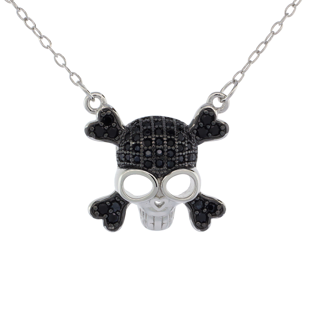 STERLING SILVER BLACK & WHITE CZ SKULL & CROSSBONES NECKLACE MICRO PAVE 5/8 INCH