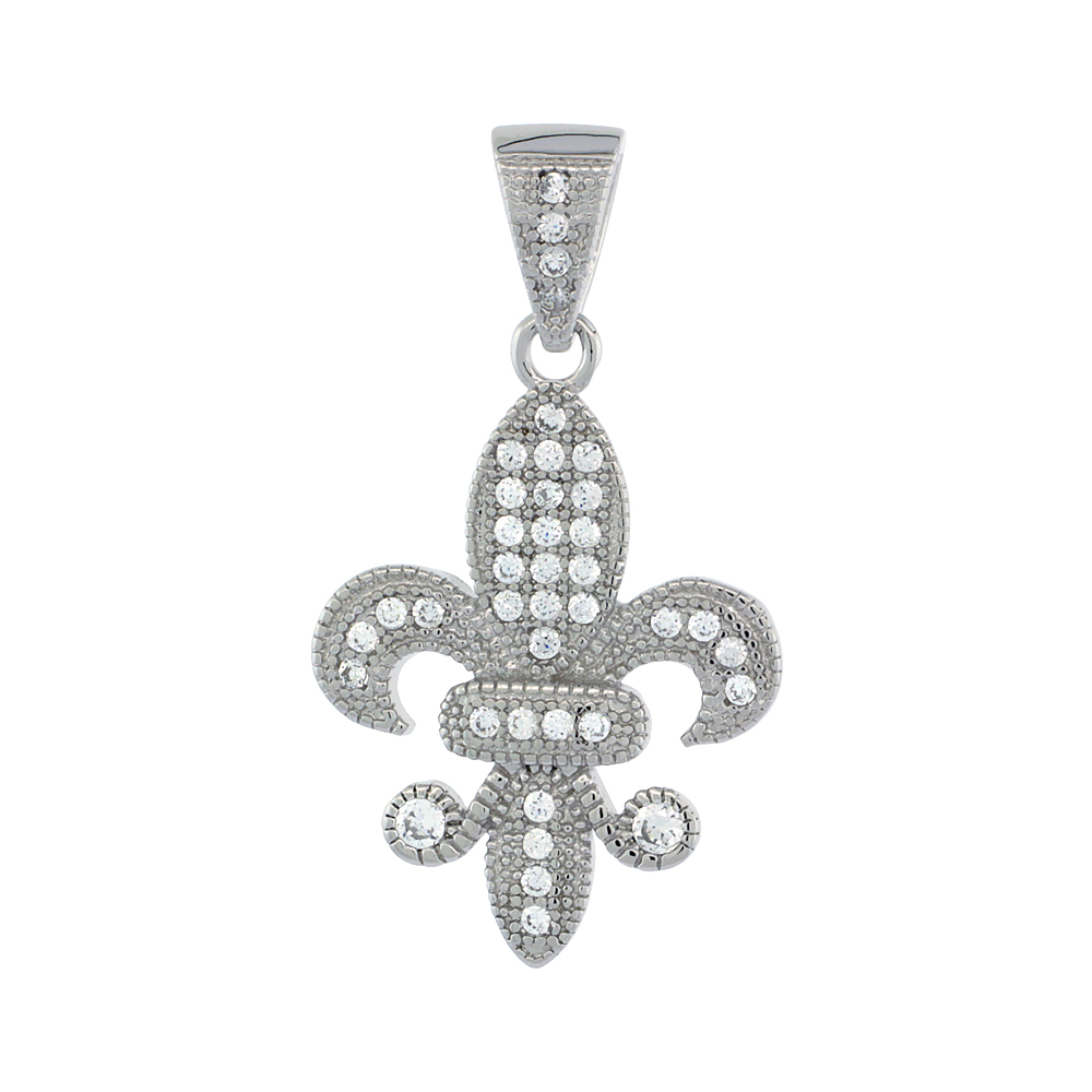STERLING SILVER CUBIC ZIRCONIA FLEUR DE LIS PENDANT MICRO PAVE 7/8 INCH