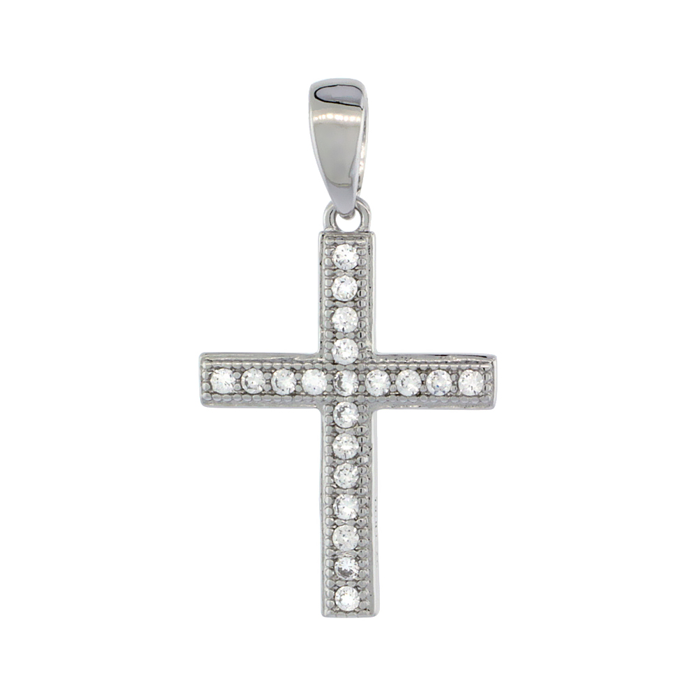 STERLING SILVER CUBIC ZIRCONIA LATIN CROSS PENDANT MICRO PAVE 11/16 INCH
