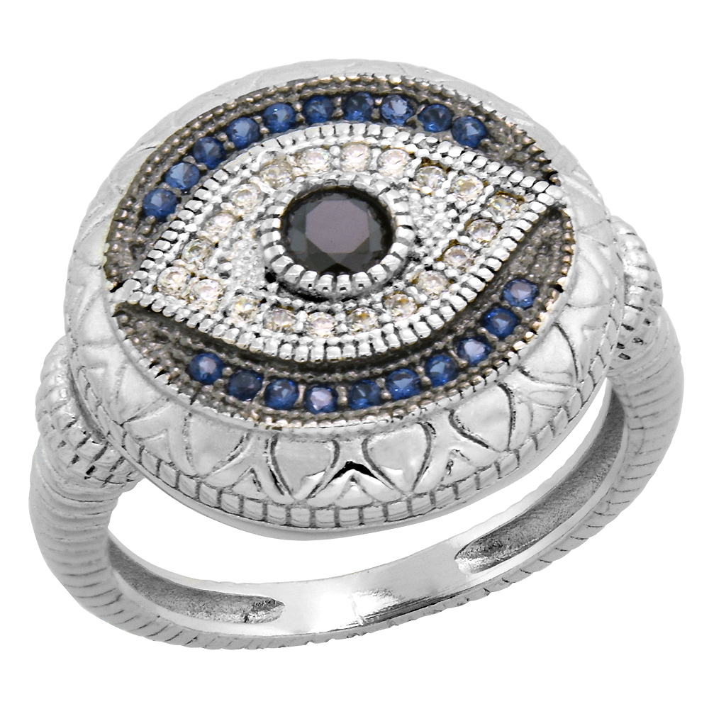 Art Deco Style Sterling Silver Evil Eye Ring w/ Synthetic Blue Sapphires & CZ stones 5/8 inch, sizes 6 - 9