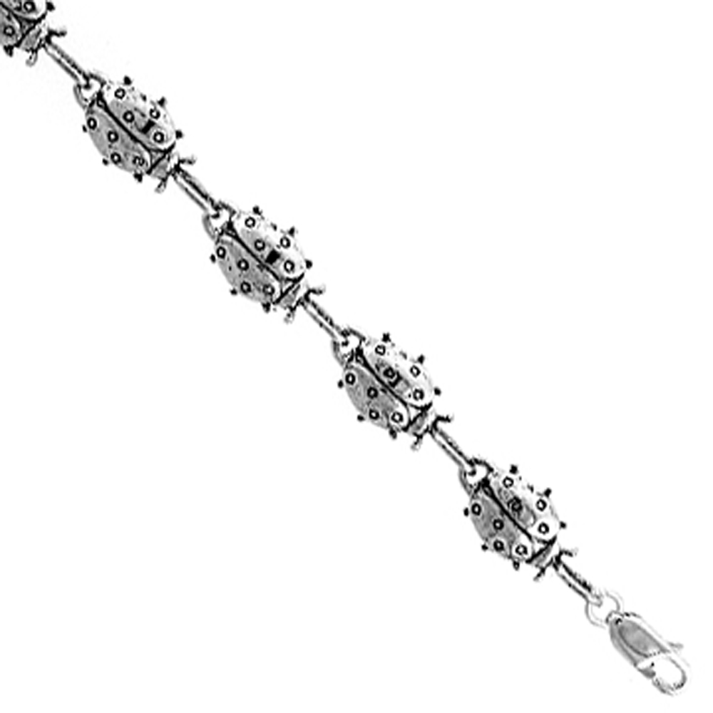 Sterling Silver Ladybug Charm Bracelet, 7 inches long