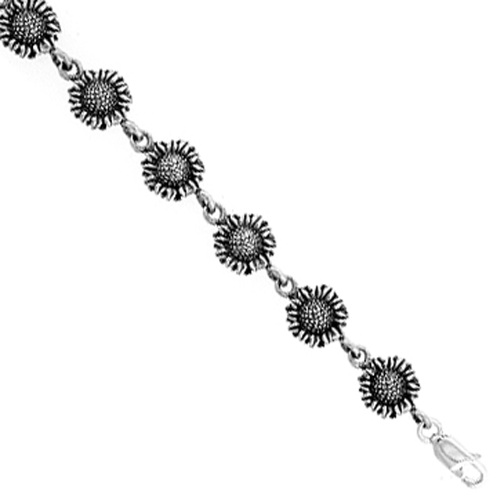Sterling Silver Sunflower Charm Bracelet, 7 inches long