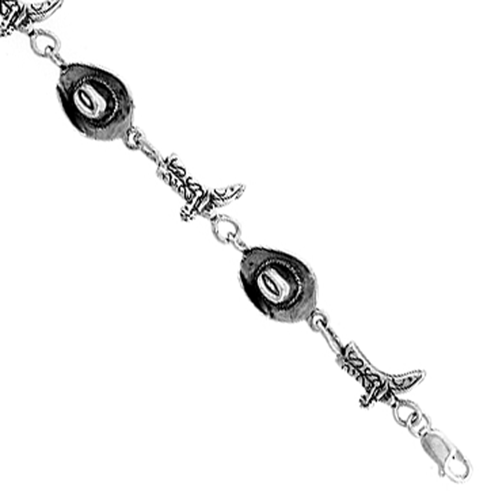 Sterling Silver Cowboy Hats and Boots Charm Bracelet, 7 inches long