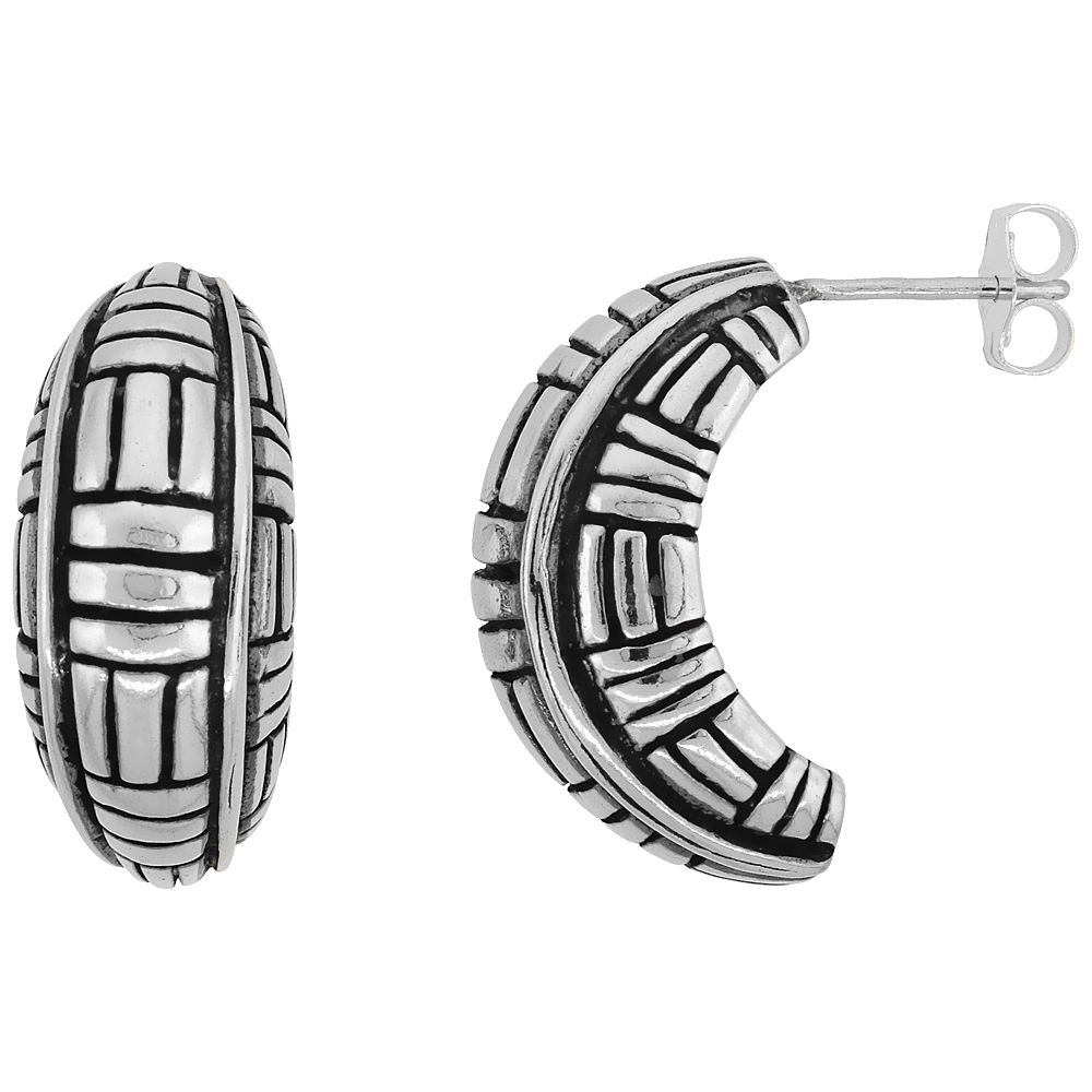 3/4 inch Sterling Silver Fine Mosaic Pattern Half Hoop Post Earrings for Women Antiqued Finish 3/8 inch wide