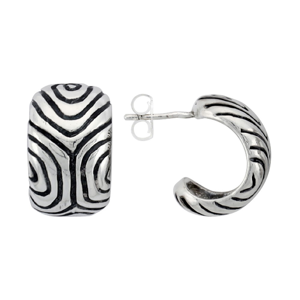 5/8 inch Sterling Silver Zebra Pattern Half Hoop Post Earrings for Women Antiqued Finish 3/8 inch wide