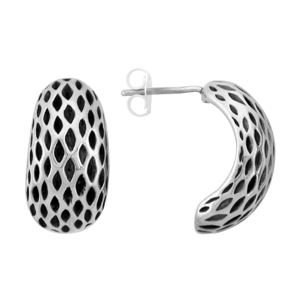 3/4 inch Sterling Silver Black Dots Pattern Half Hoop Post Earrings for Women Antiqued Finish 3/8 inch wide
