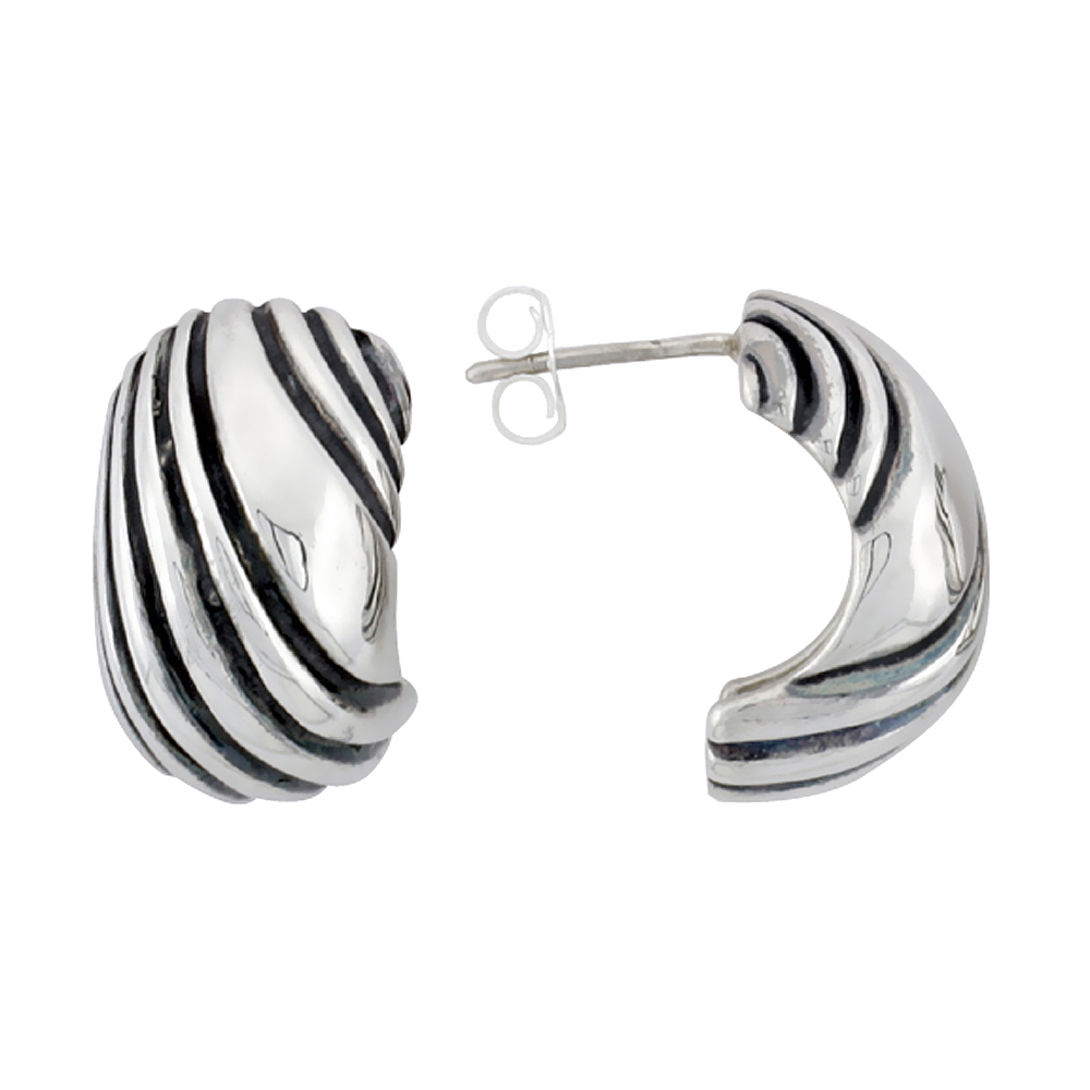 3/4 inch Sterling Silver Diagonal Line Pattern Half Hoop Post Earrings for Women Antiqued Finish 3/8 inch wide