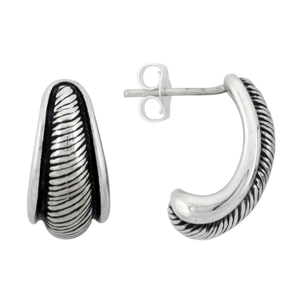 5/8 inch Sterling Silver Feather Stripe Pattern Half Hoop Post Earrings for Women Antiqued Finish 3/8 inch wide