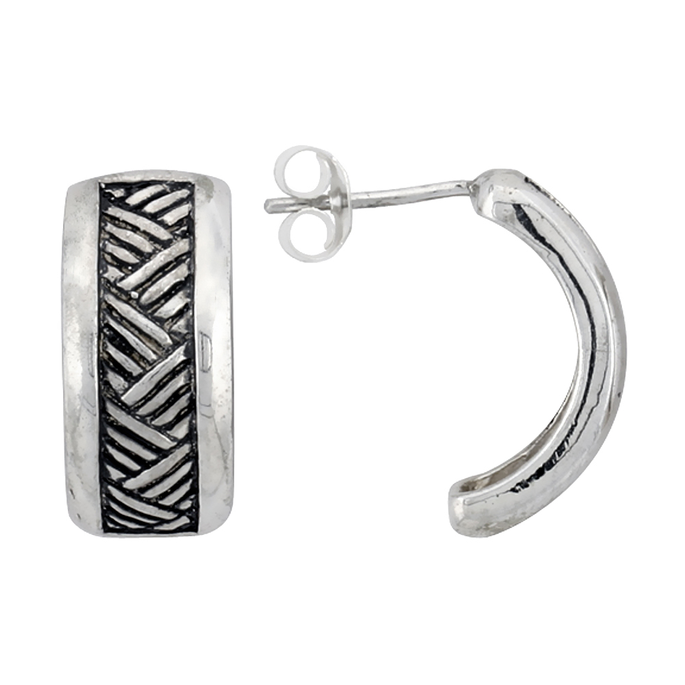 3/4 inch Sterling Silver Herringbone Pattern Half Hoop Post Earrings for Women Antiqued Finish 3/8 inch wide