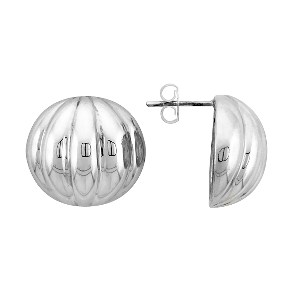 5/8 inch Sterling Silver Scalloped Pattern Half Ball Post Earrings for Women Antiqued Finish 3/4 inch wide