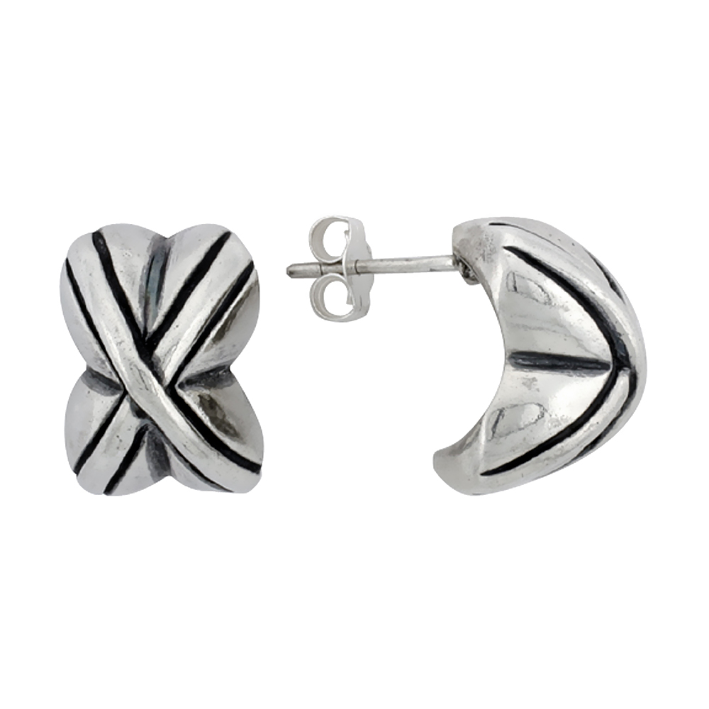 5/8 inch Sterling Silver X Cross Pattern Half Hoop Post Earrings for Women Antiqued Finish 3/8 inch wide