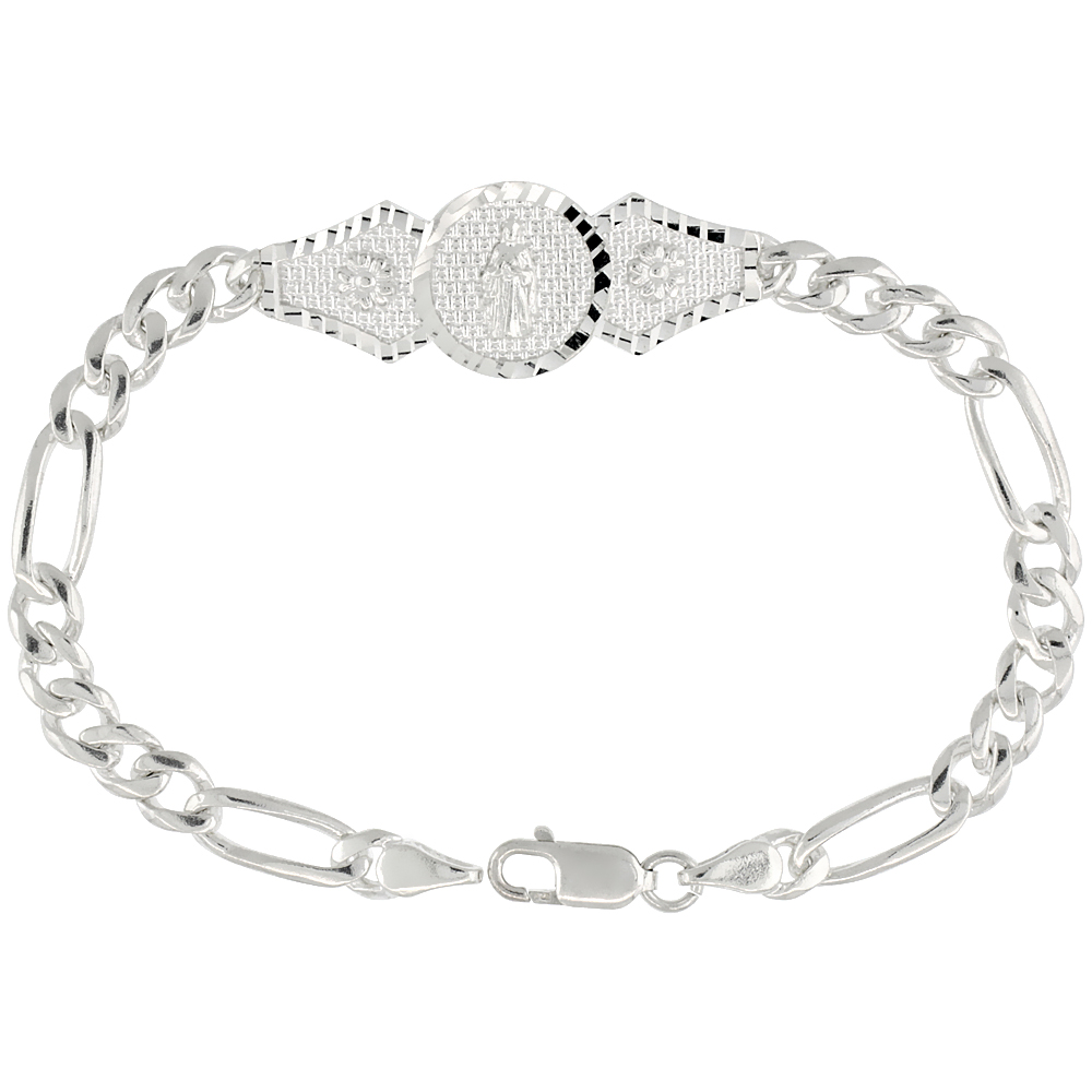 Sterling Silver St. Jude Bracelet for Women with Figaro Links Diamond Cut finish 1/2 inch wide 7 inch long