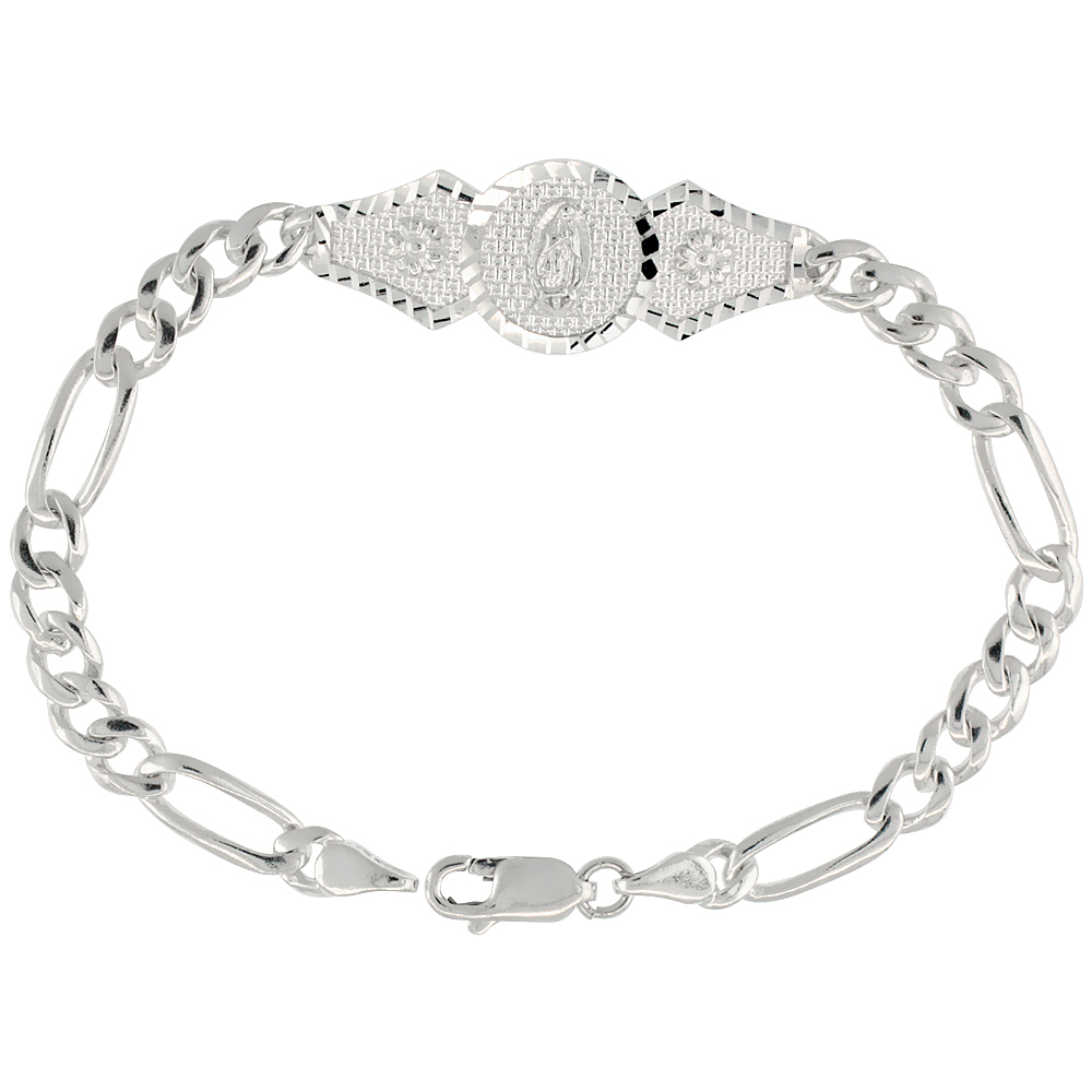 Sterling Silver Guadalupe Bracelet for Women with Figaro Links Diamond Cut finish 1/2 inch wide 7 inch long