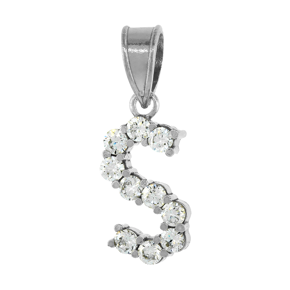 Sterling Silver Cubic Zirconia Initial Letter S Alphabet Pendant Rhodium Finish, 18 inch box_15