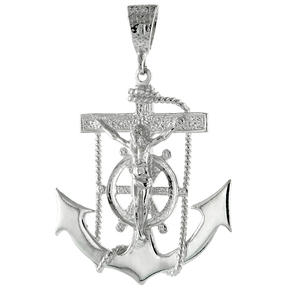 Large Sterling Silver Anchor Cross Mariners Cross Pendant 8mm Bale Polished Heavy, 2 inch 