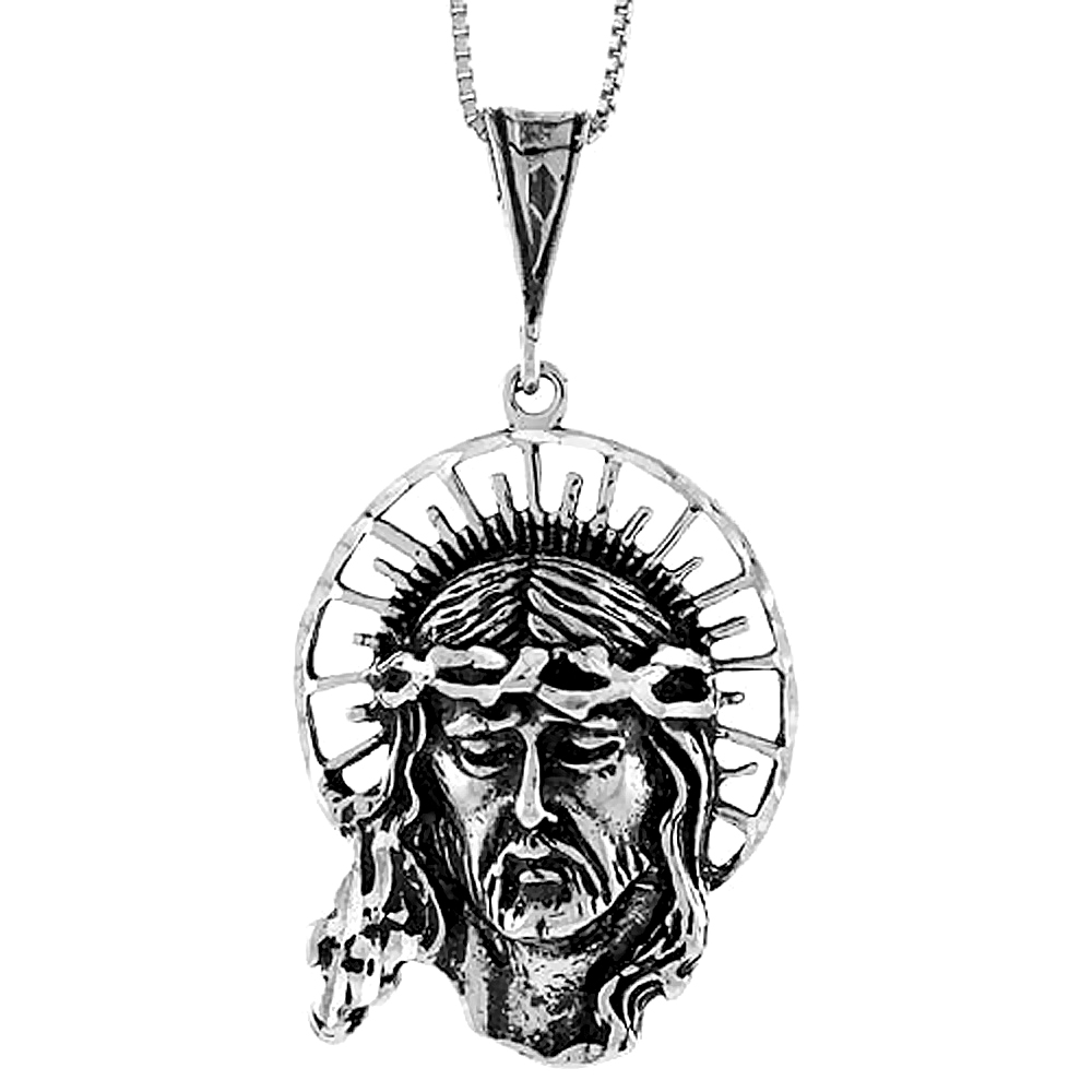 Sterling Silver Christ with Crown of Thorns Pendant, 1 1/2 inch 
