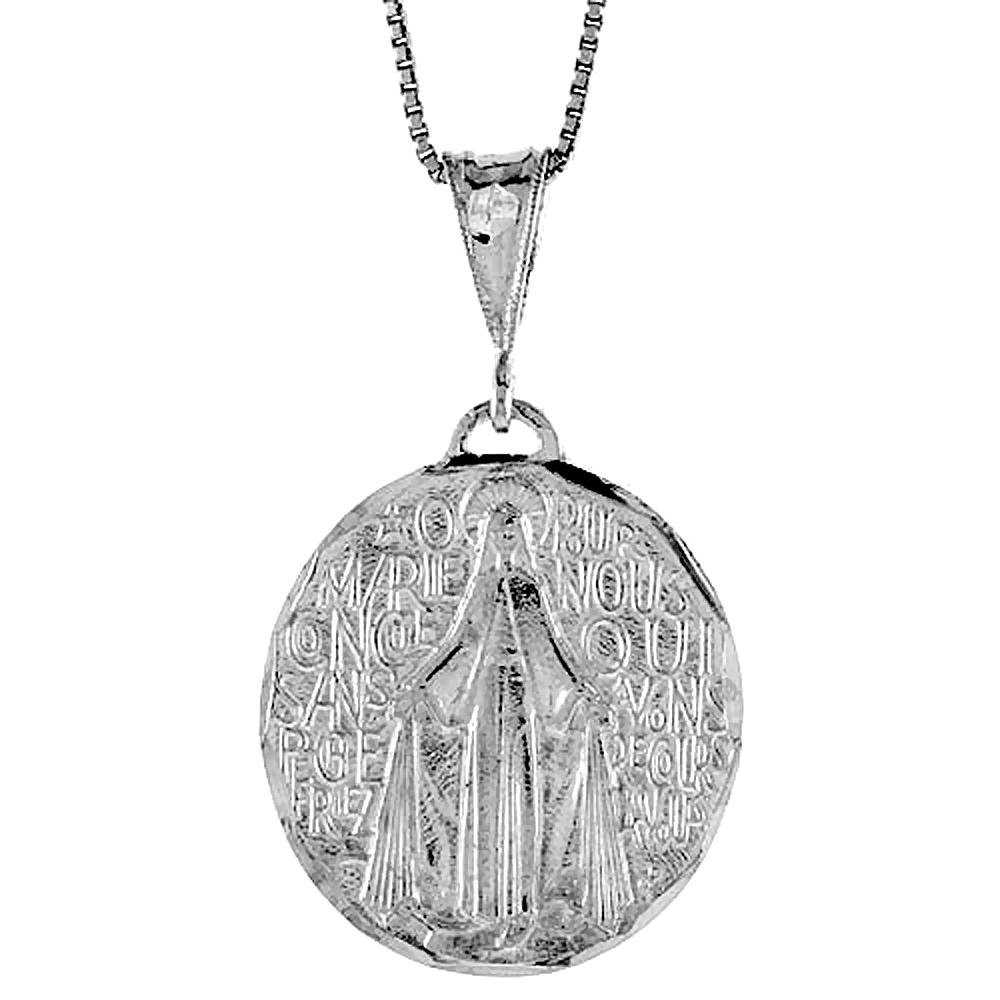 Sterling Silver Virgin Mary Miraculous Medal Pendant Round, 1 1/8 inch 