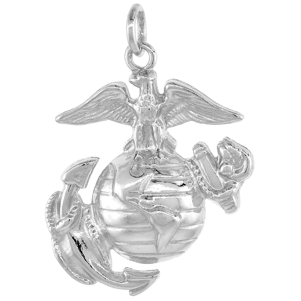 Sterling Silver Eagle Globe &amp; Anchor U.S. Marines EGA Pendant, 1 1/8 inch tall