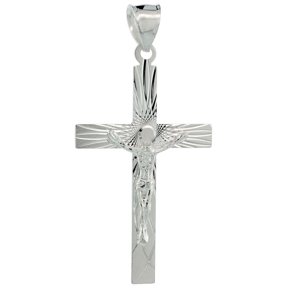 Sterling Silver Crucifix Pendant w/ Latin Cross, 1 5/8 inch tall