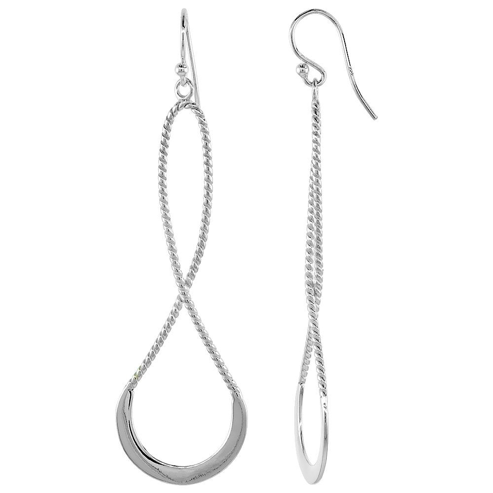 Sterling Silver Long Twisted Dangle Earrings Textured, 2 3/16 inches long