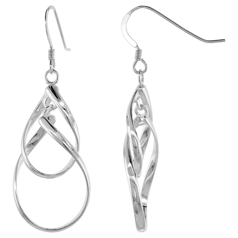 Sterling Silver Double Pear Dangle Earrings Hammered, 1 3/16 inches long