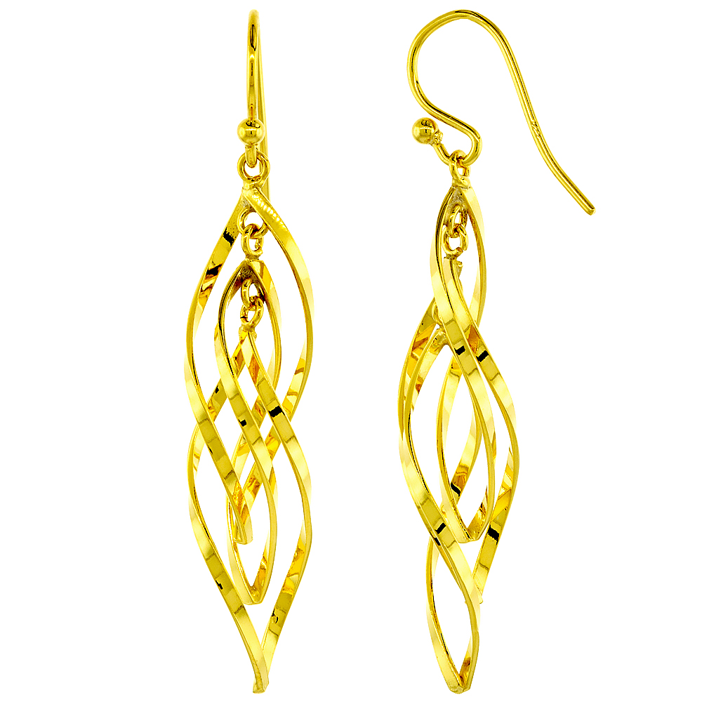 Sterling Silver Helical Dangle Earrings Yellow Plated, 1 7/16 inches long