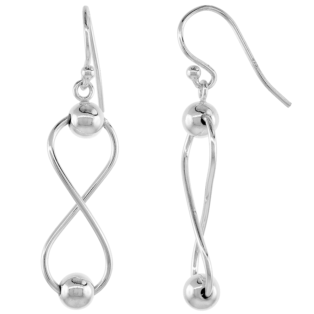 Sterling Silver Infinity Dangle Earrings Beaded, 1 1/8 inches long