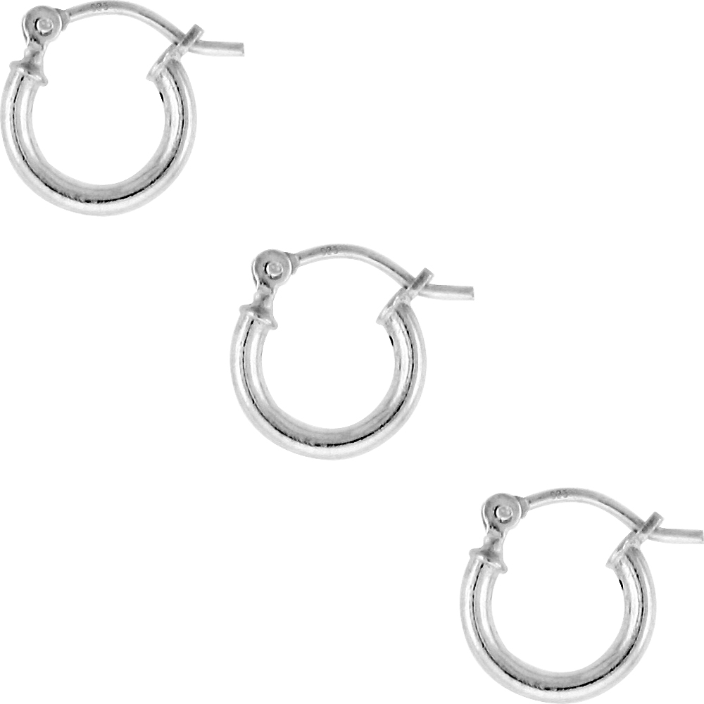 3 Pairs Sterling Silver Tiny 3/8 inch 10mm Hoop Earrings Women and Men Click Top 2mm Tube