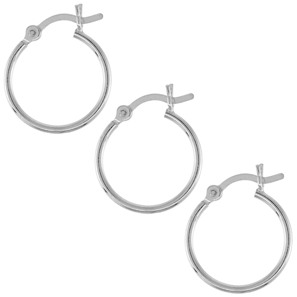 3 Pairs Small Sterling Silver Dainty 9/16 inch 15mm Hoop Earrings Women and Men Click Top Thin 1mm Tube